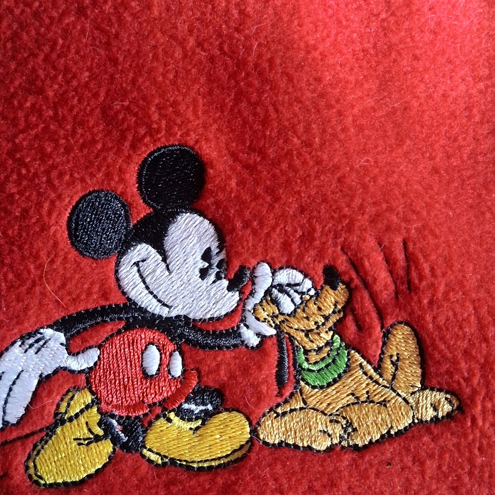 Vintage Mickey & Pluto Disney Red Fabric with Embroidery Scarf 60" L By 11" W.